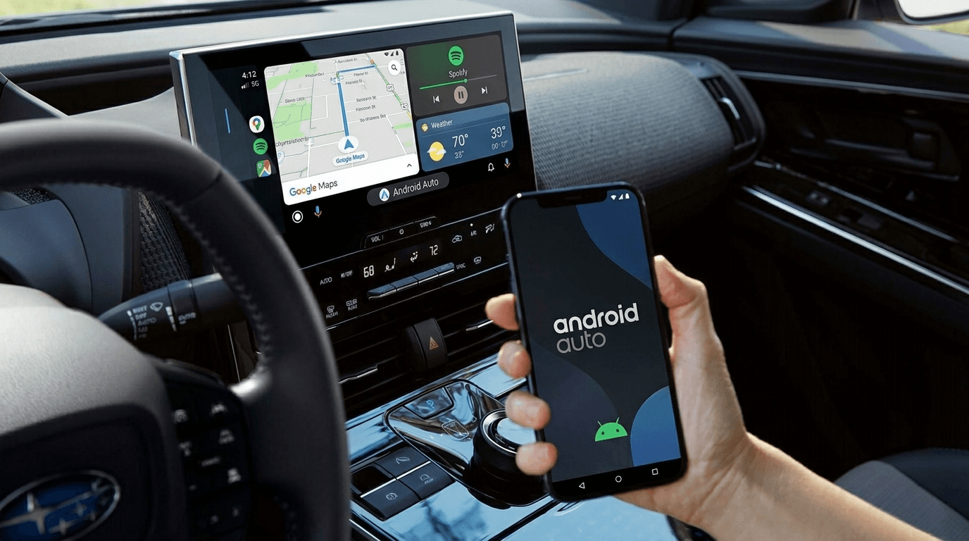 Android Auto running on a car's touchscreen with a phone showing the Android Auto logo